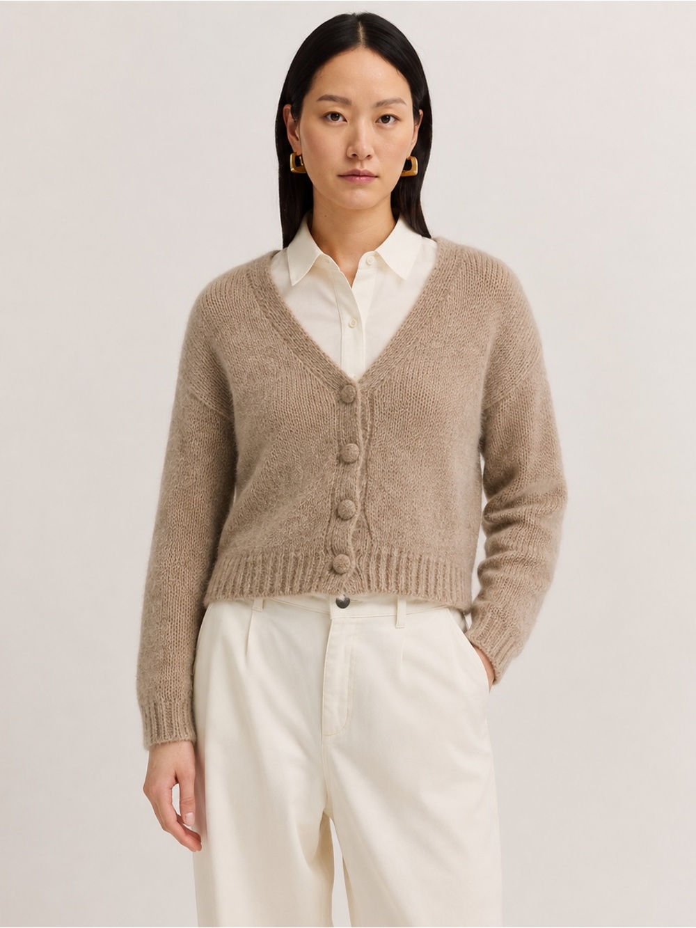 All:Row Ginny Fuzzy Knit Cropped Cardigan
Tan Large
